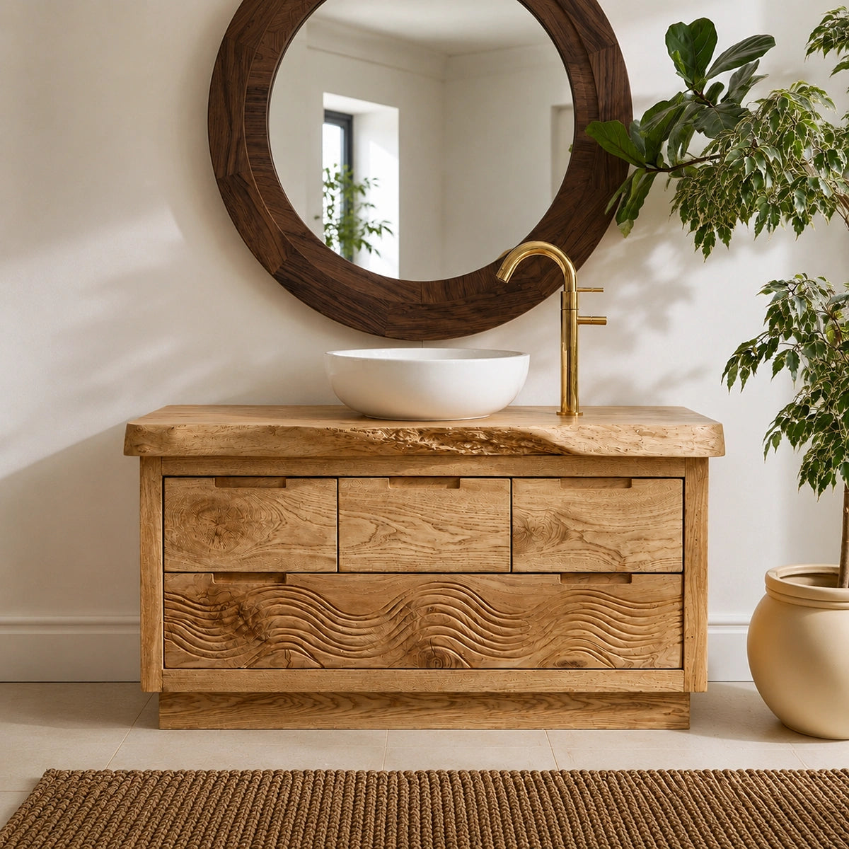 Natural Solid Wood Bathroom Vanity with Hand-Carved Wave Relief – Rustic - Arboriswood - 2