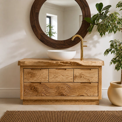 Natural Solid Wood Bathroom Vanity with Hand-Carved Wave Relief – Rustic - Arboriswood - 2