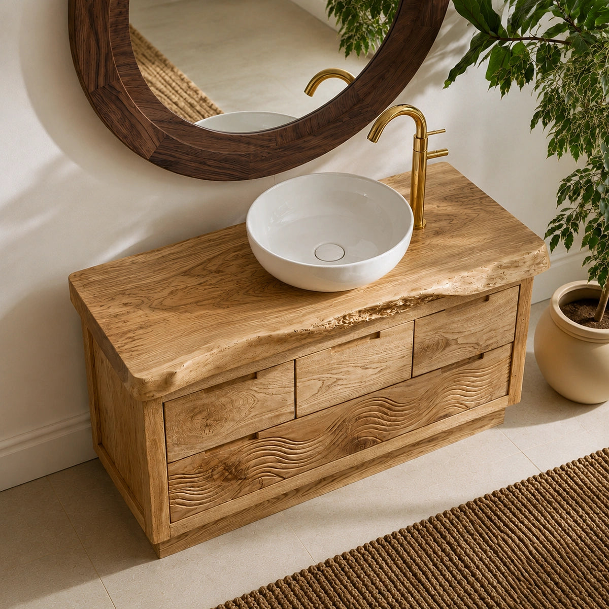 Natural Solid Wood Bathroom Vanity with Hand-Carved Wave Relief – Rustic - Arboriswood - 3