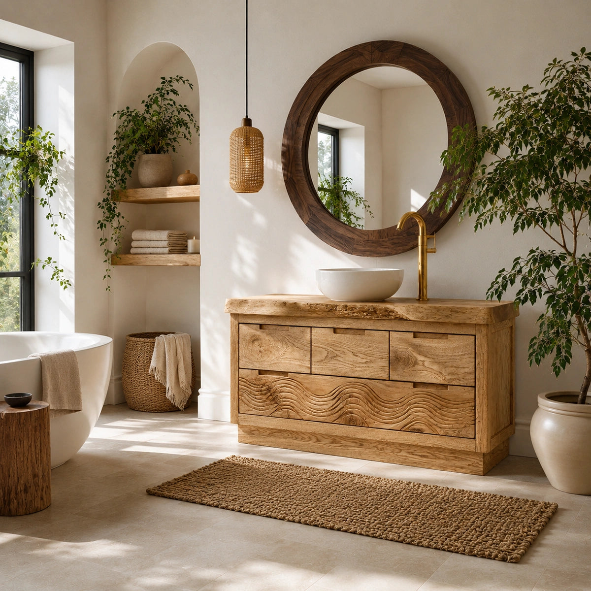 Natural Solid Wood Bathroom Vanity with Hand-Carved Wave Relief – Rustic - Arboriswood - 4