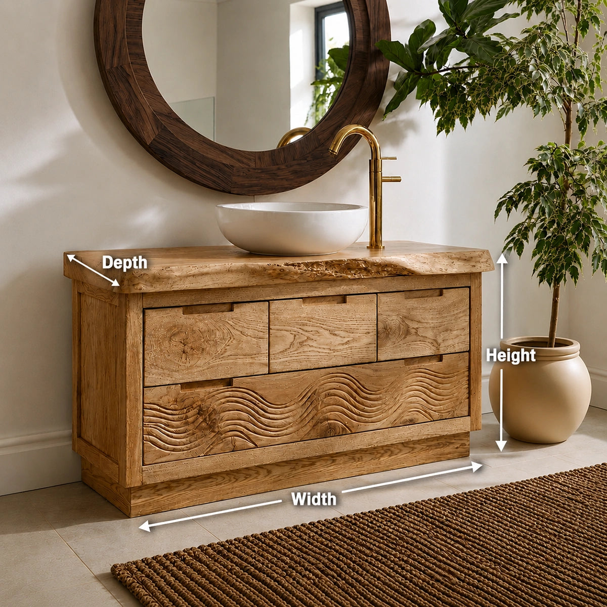 Natural Solid Wood Bathroom Vanity with Hand-Carved Wave Relief – Rustic - Arboriswood - 5