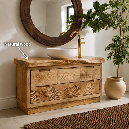 Natural Solid Wood Bathroom Vanity with Hand-Carved Wave Relief – Rustic - Arboriswood - 6