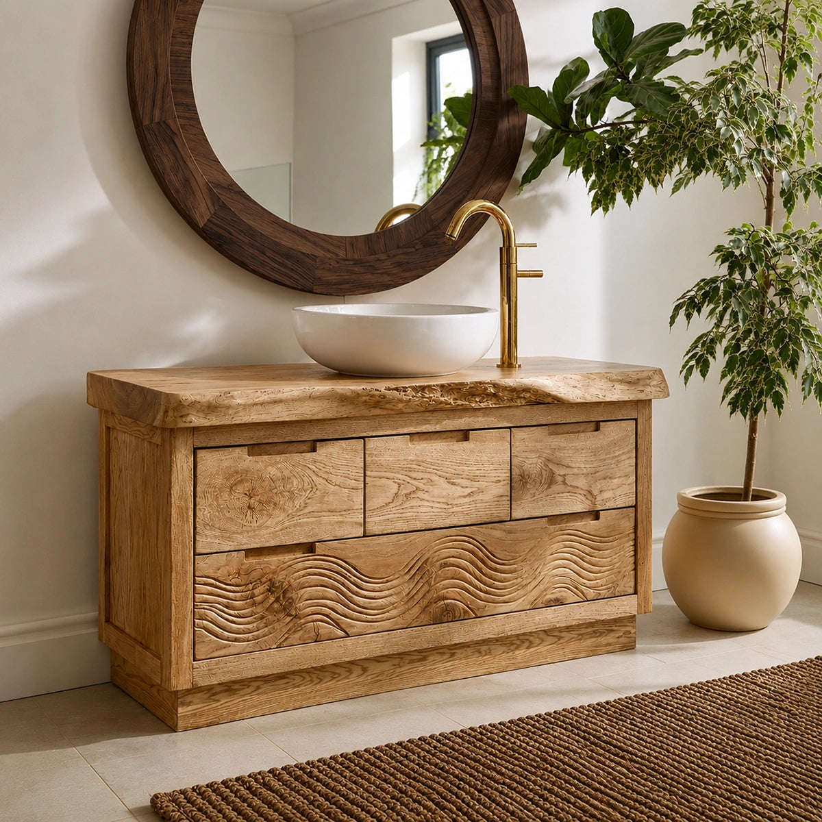 Natural Solid Wood Bathroom Vanity with Hand-Carved Wave Relief – Rustic - Arboriswood - 7