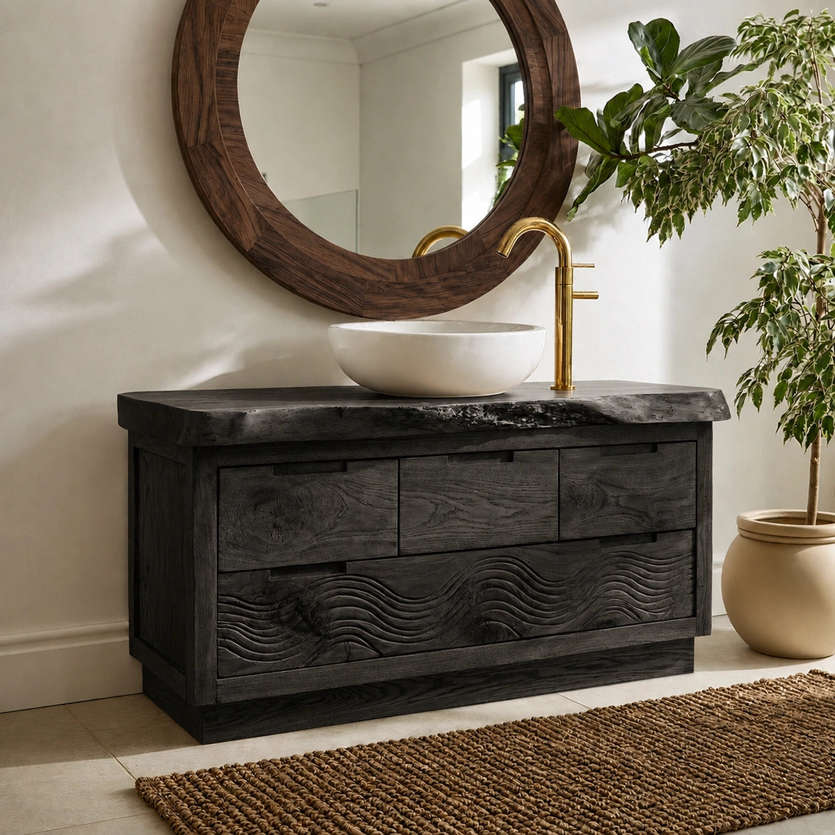 Natural Solid Wood Bathroom Vanity with Hand-Carved Wave Relief – Rustic - Arboriswood - 8