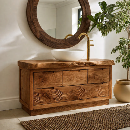 Natural Solid Wood Bathroom Vanity with Hand-Carved Wave Relief – Rustic - Arboriswood - 9