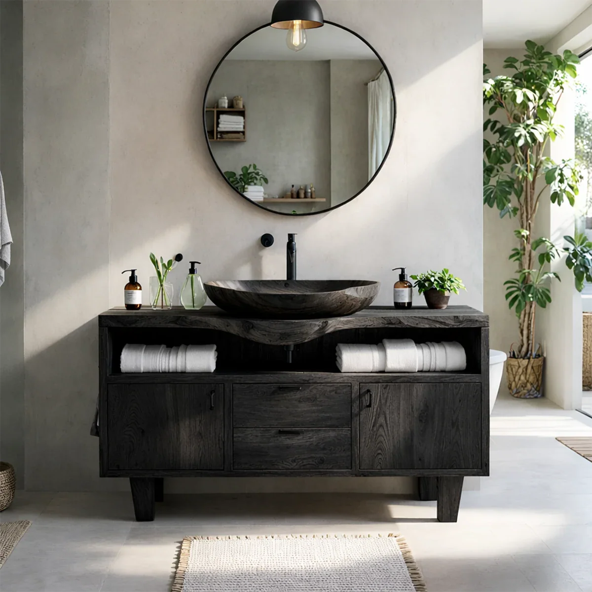 Natural Solid Wood Bathroom Vanity With Live Edge Counter And Storage - ArborisWood - 10