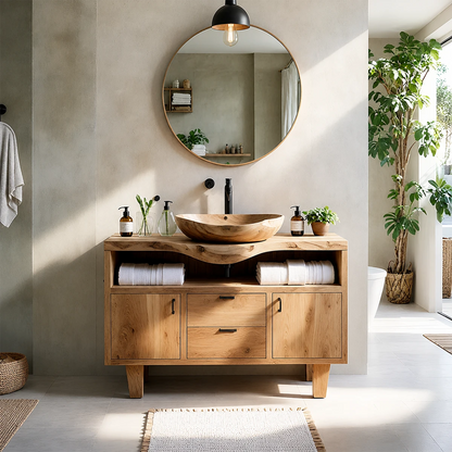 Natural Solid Wood Bathroom Vanity With Live Edge Counter And Storage - ArborisWood - 13
