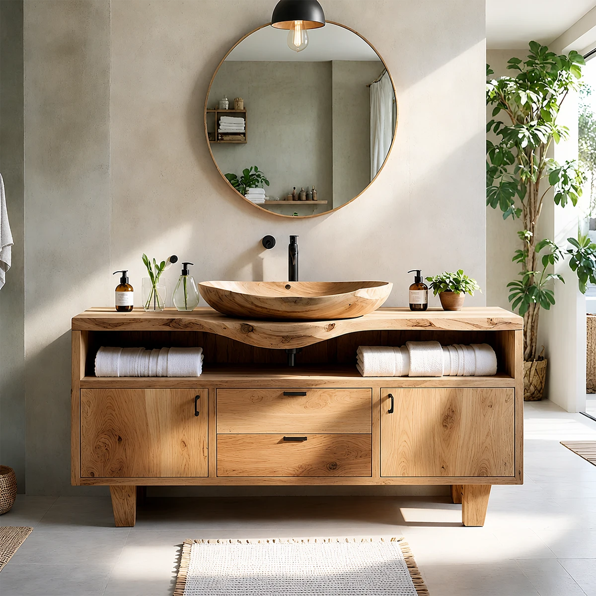 Natural Solid Wood Bathroom Vanity With Live Edge Counter And Storage - ArborisWood - 14