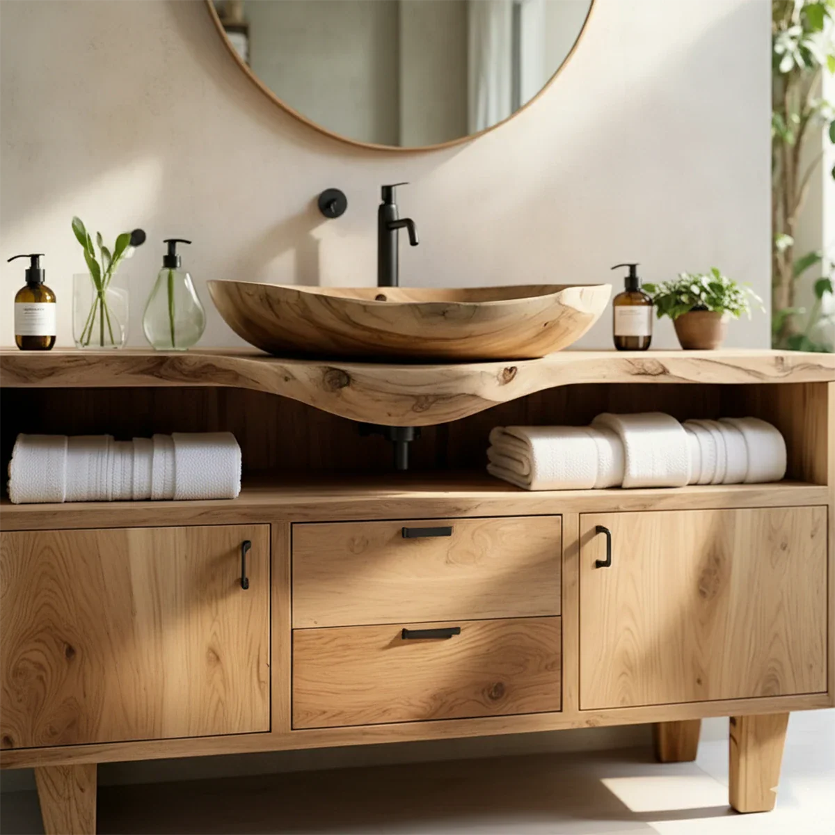 Natural Solid Wood Bathroom Vanity With Live Edge Counter And Storage - ArborisWood - 4