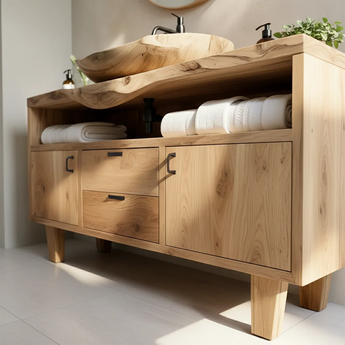 Natural Solid Wood Bathroom Vanity With Live Edge Counter And Storage - ArborisWood - 5