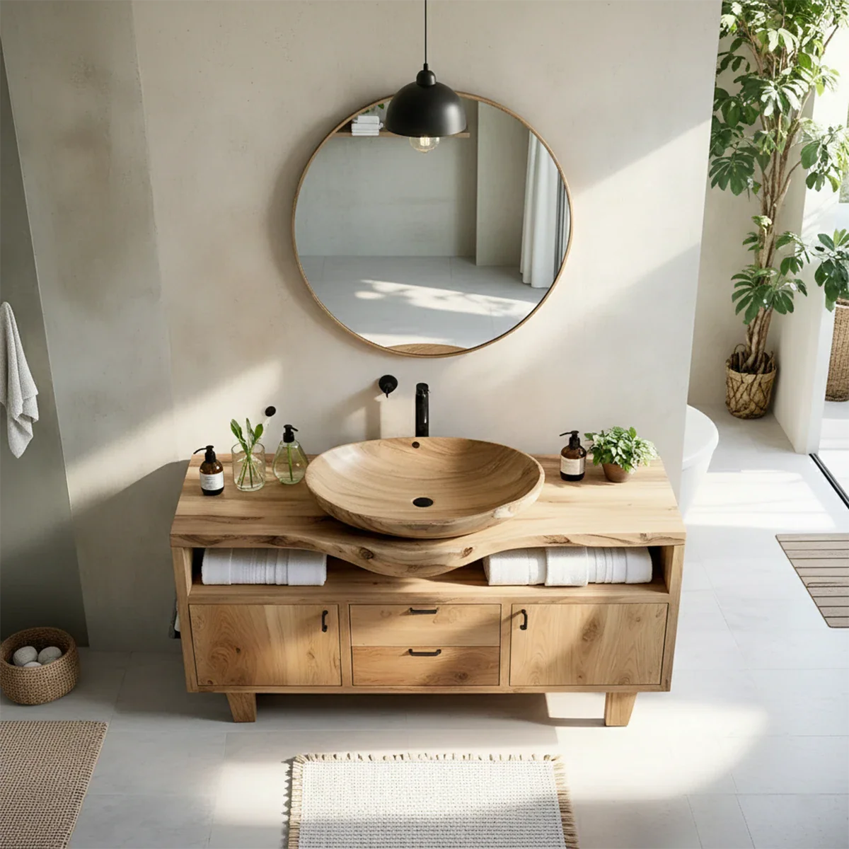Natural Solid Wood Bathroom Vanity With Live Edge Counter And Storage - ArborisWood - 6