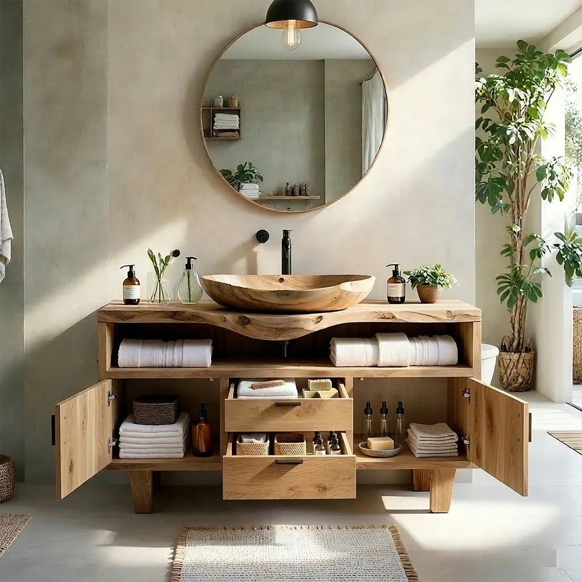 Natural Solid Wood Bathroom Vanity With Live Edge Counter And Storage - ArborisWood - 7
