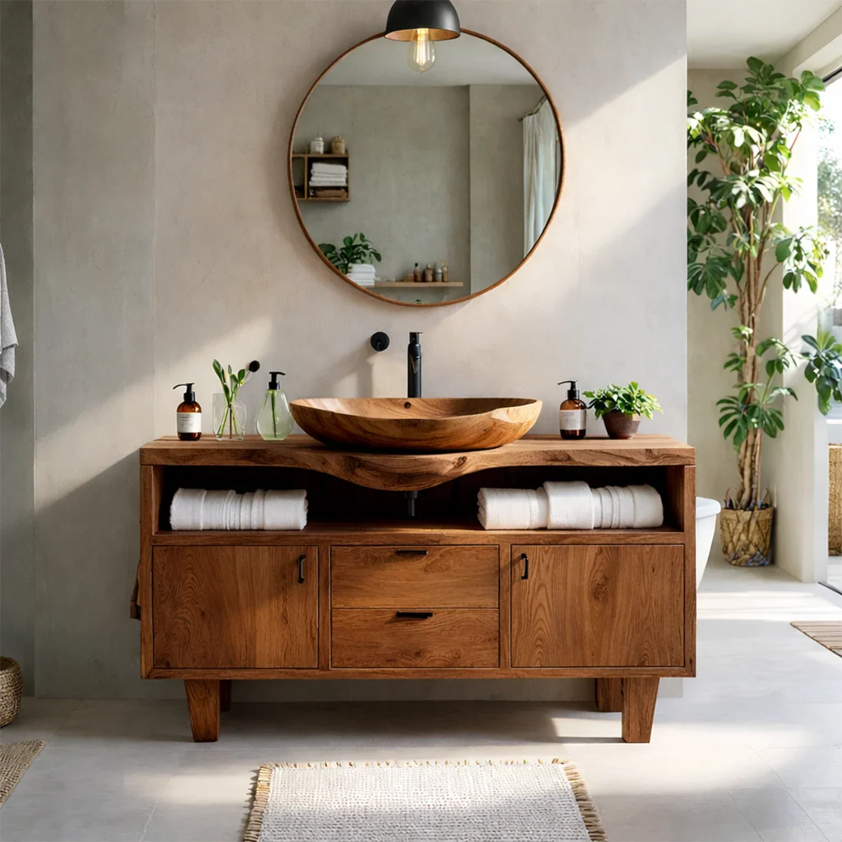 Natural Solid Wood Bathroom Vanity With Live Edge Counter And Storage - ArborisWood - 8