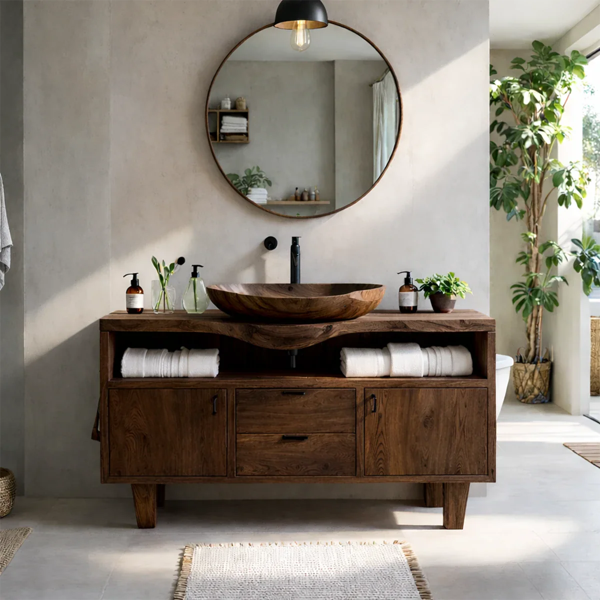 Natural Solid Wood Bathroom Vanity With Live Edge Counter And Storage - ArborisWood - 9
