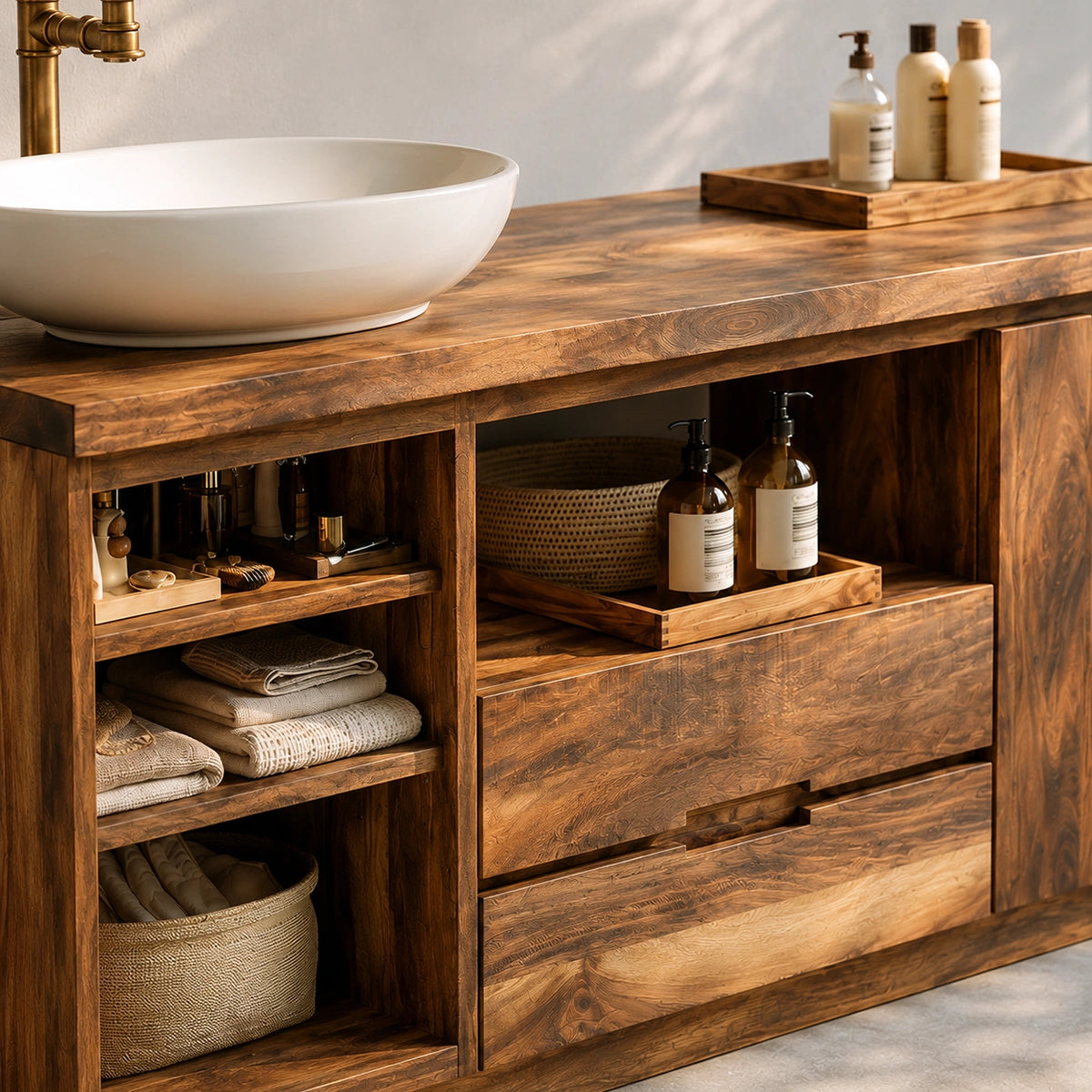 Natural Solid Wood Bathroom Vanity with Open Shelving and Drawers – Rustic - Arboriswood - 1
