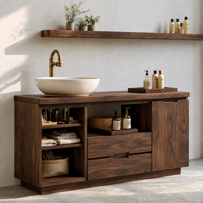 Natural Solid Wood Bathroom Vanity with Open Shelving and Drawers – Rustic - Arboriswood - 10