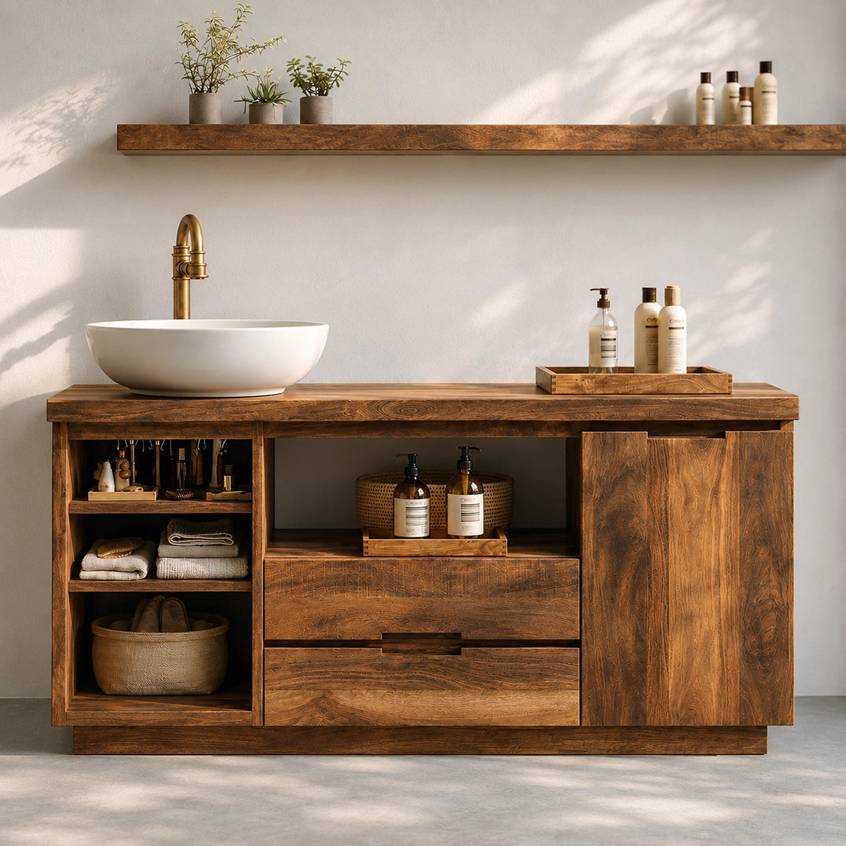 Natural Solid Wood Bathroom Vanity with Open Shelving and Drawers – Rustic - Arboriswood - 2