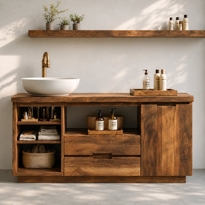 Natural Solid Wood Bathroom Vanity with Open Shelving and Drawers – Rustic - Arboriswood - 2