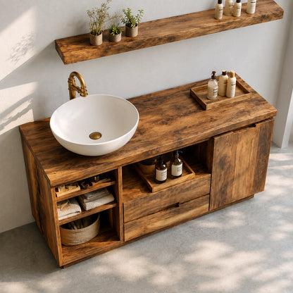 Natural Solid Wood Bathroom Vanity with Open Shelving and Drawers – Rustic - Arboriswood - 3