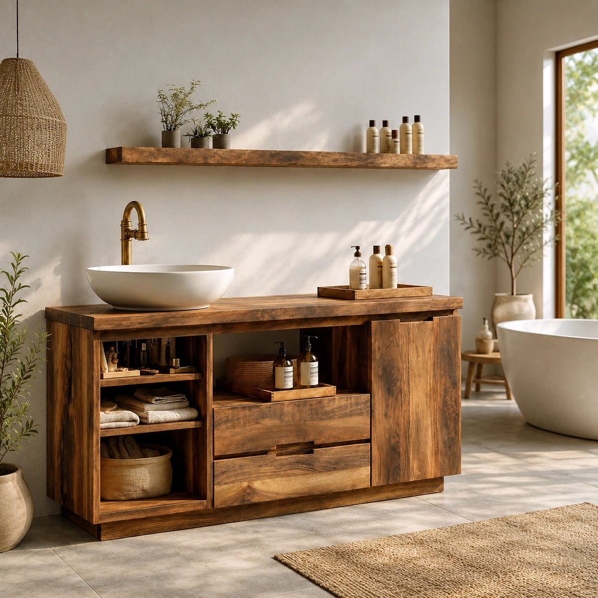 Natural Solid Wood Bathroom Vanity with Open Shelving and Drawers – Rustic - Arboriswood - 4