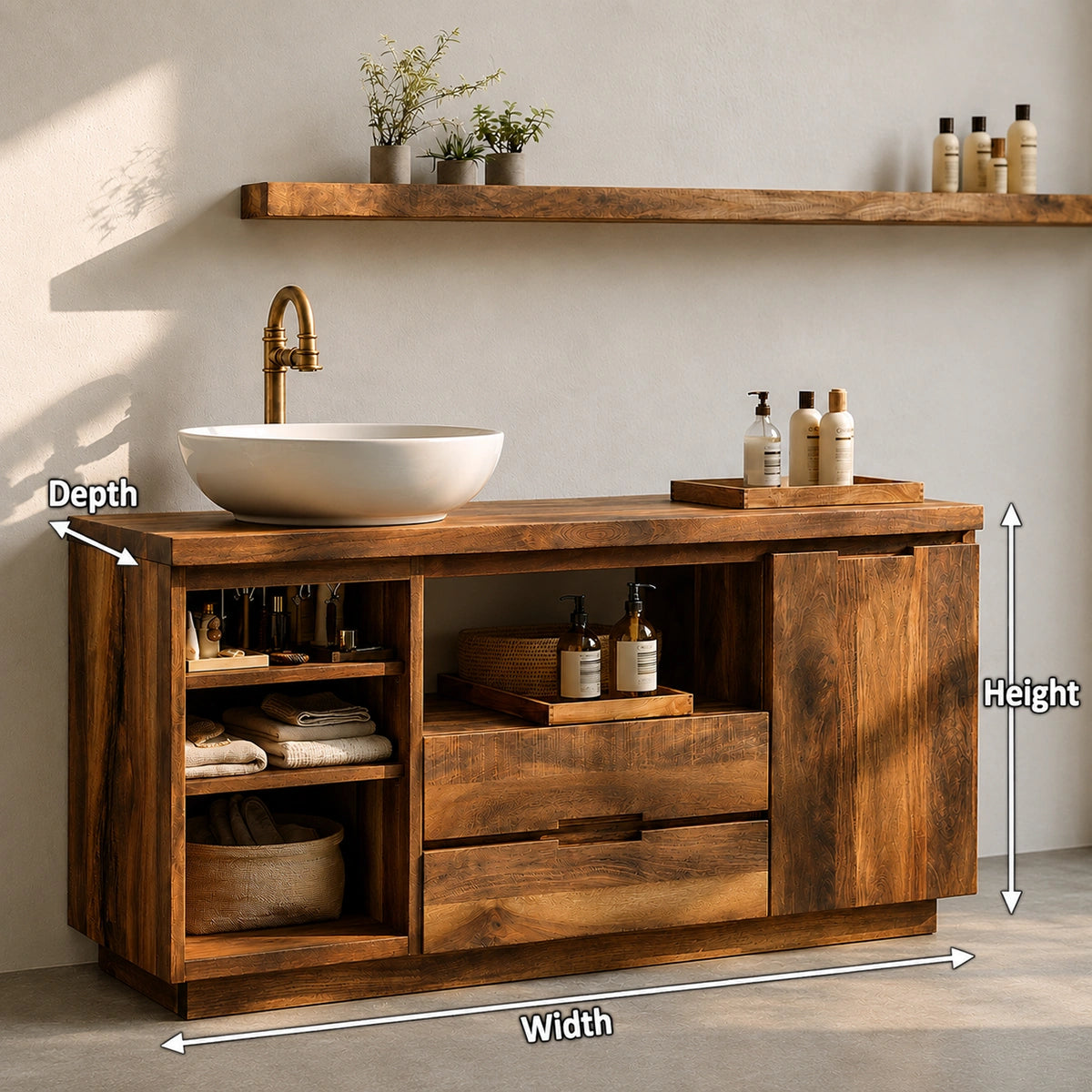Natural Solid Wood Bathroom Vanity with Open Shelving and Drawers – Rustic - Arboriswood - 5
