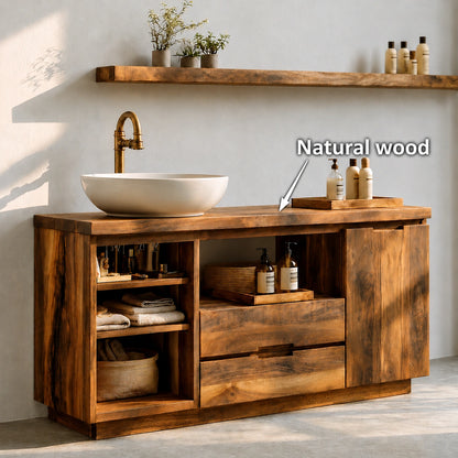 Natural Solid Wood Bathroom Vanity with Open Shelving and Drawers – Rustic - Arboriswood - 6