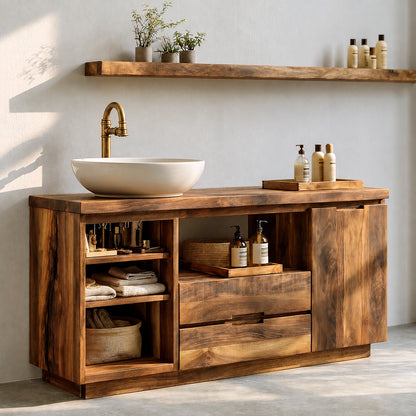 Natural Solid Wood Bathroom Vanity with Open Shelving and Drawers – Rustic - Arboriswood - 7