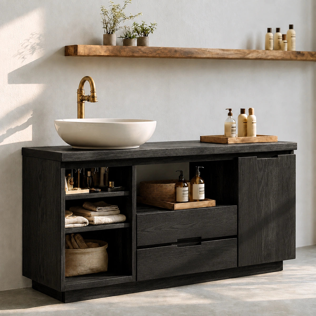 Natural Solid Wood Bathroom Vanity with Open Shelving and Drawers – Rustic - Arboriswood - 8
