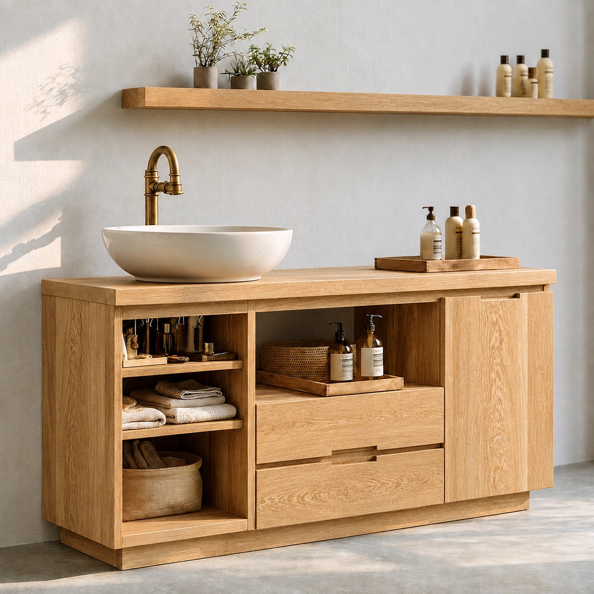 Natural Solid Wood Bathroom Vanity with Open Shelving and Drawers – Rustic - Arboriswood - 9