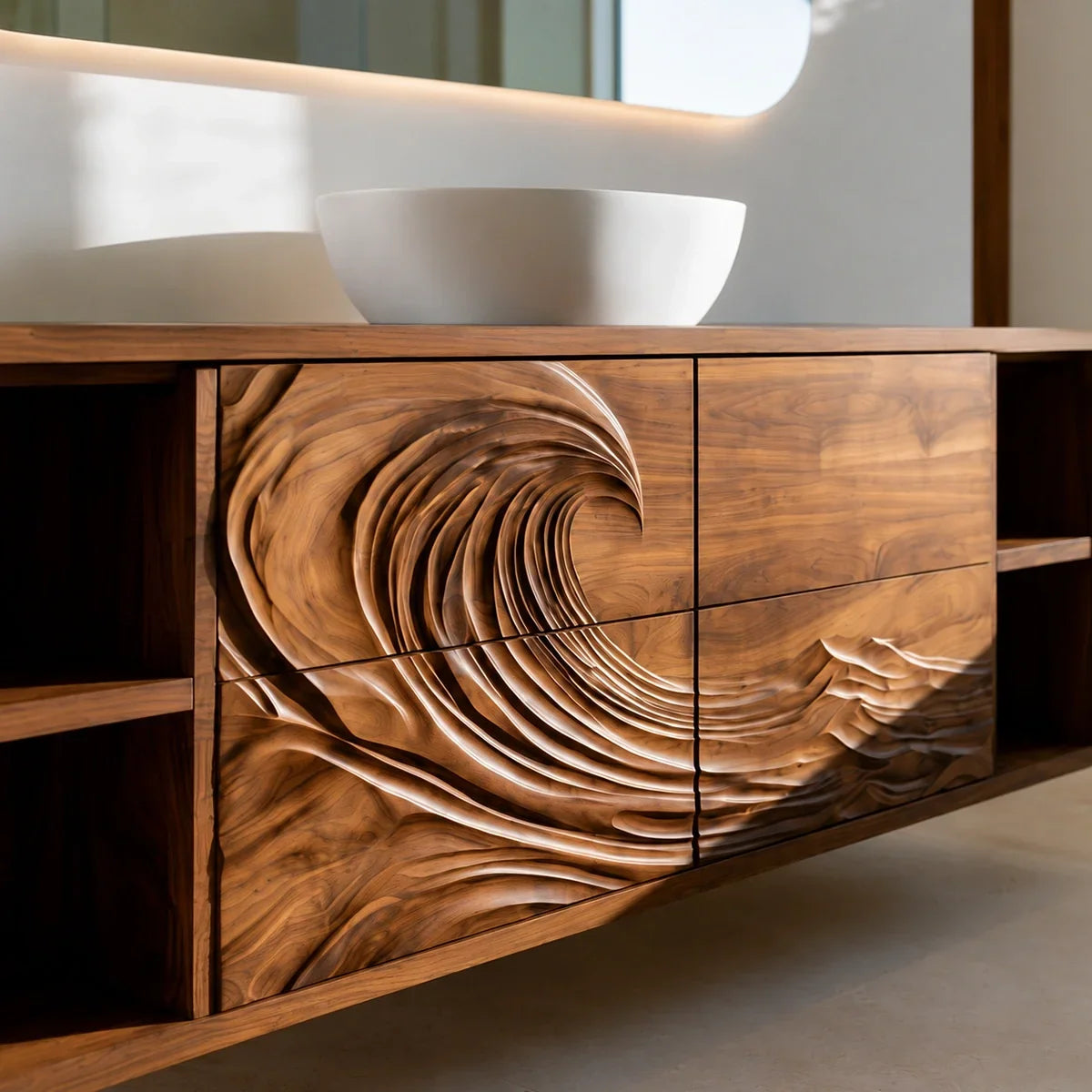 Natural Solid Wood Bathroom Vanity with Sculptural Spiral Doors – Rustic - Arboriswood - 1