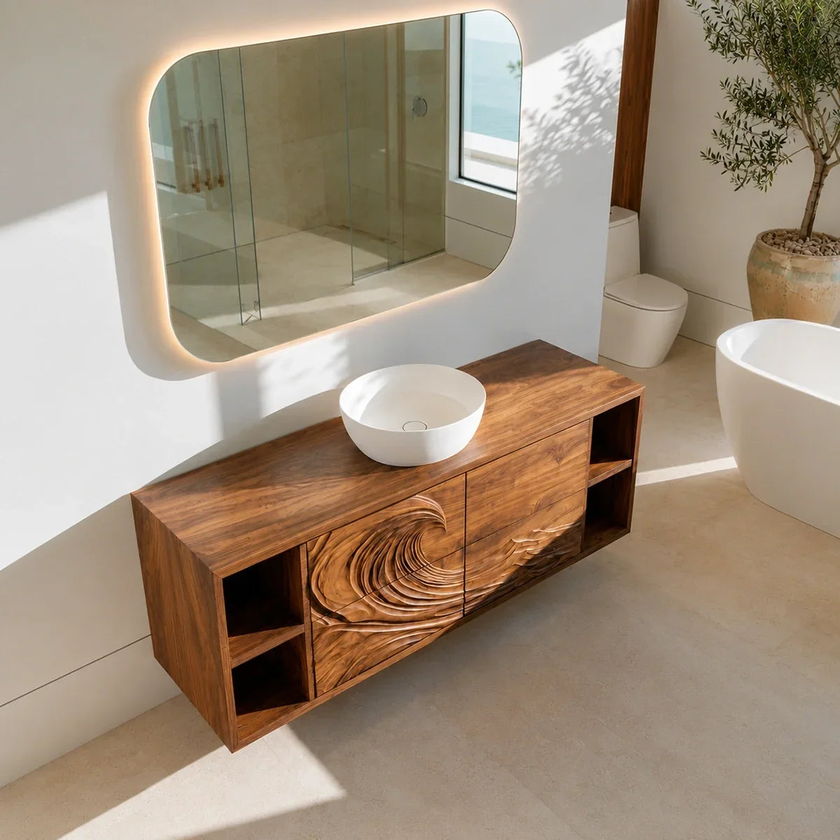 Natural Solid Wood Bathroom Vanity with Sculptural Spiral Doors – Rustic - Arboriswood - 3