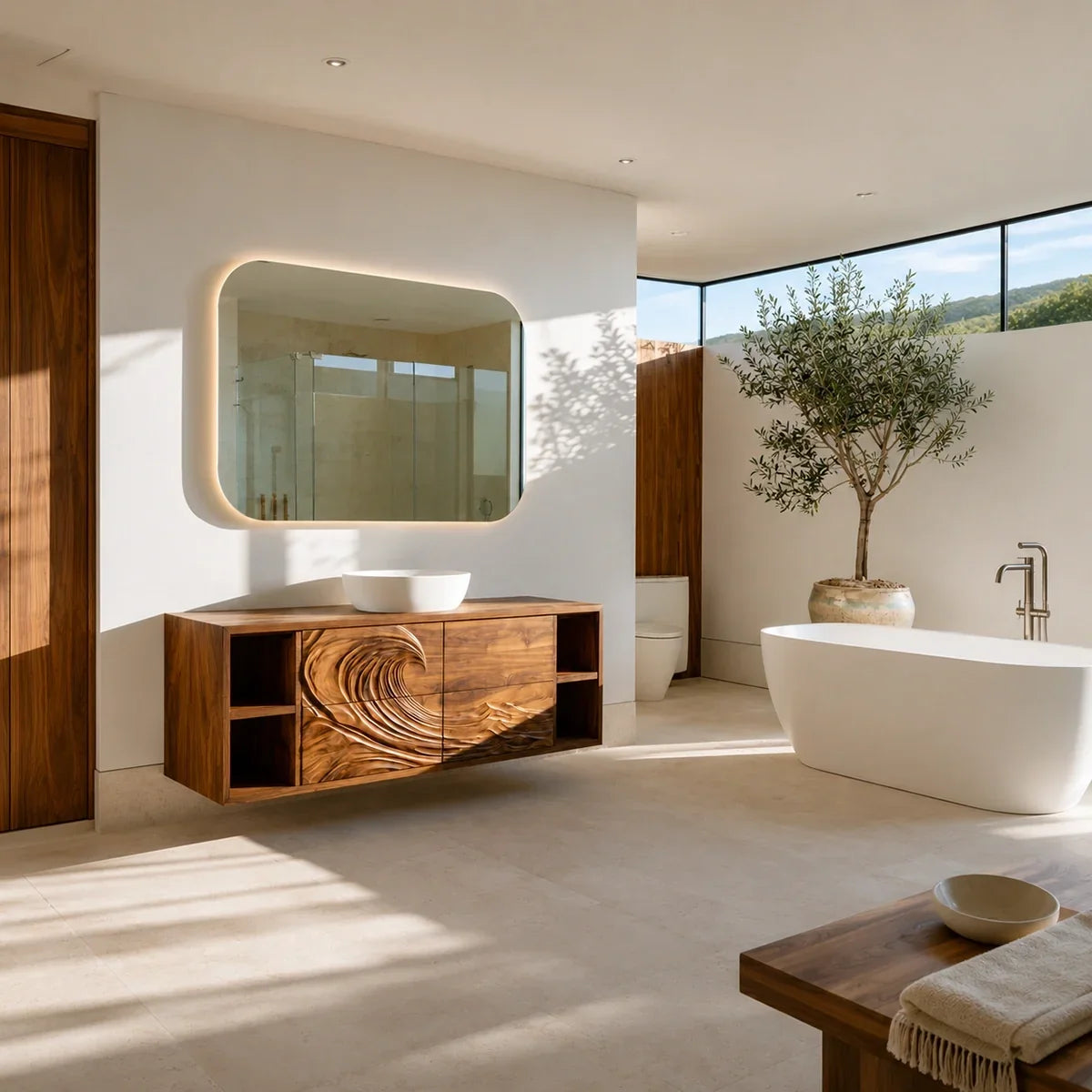 Natural Solid Wood Bathroom Vanity with Sculptural Spiral Doors – Rustic - Arboriswood - 4