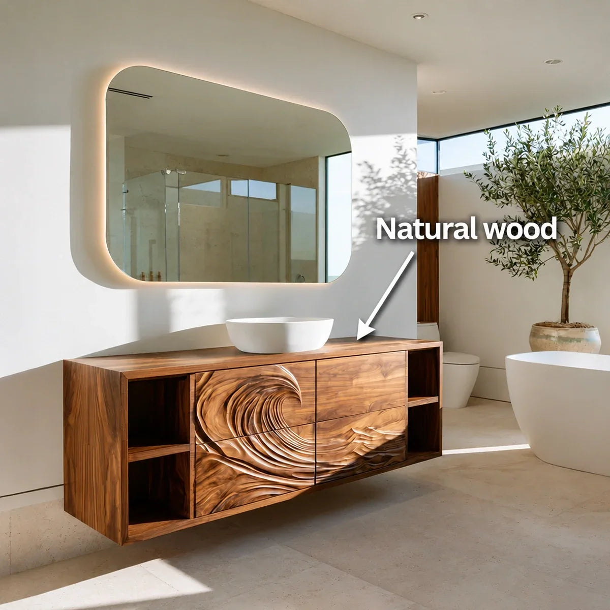 Natural Solid Wood Bathroom Vanity with Sculptural Spiral Doors – Rustic - Arboriswood - 6