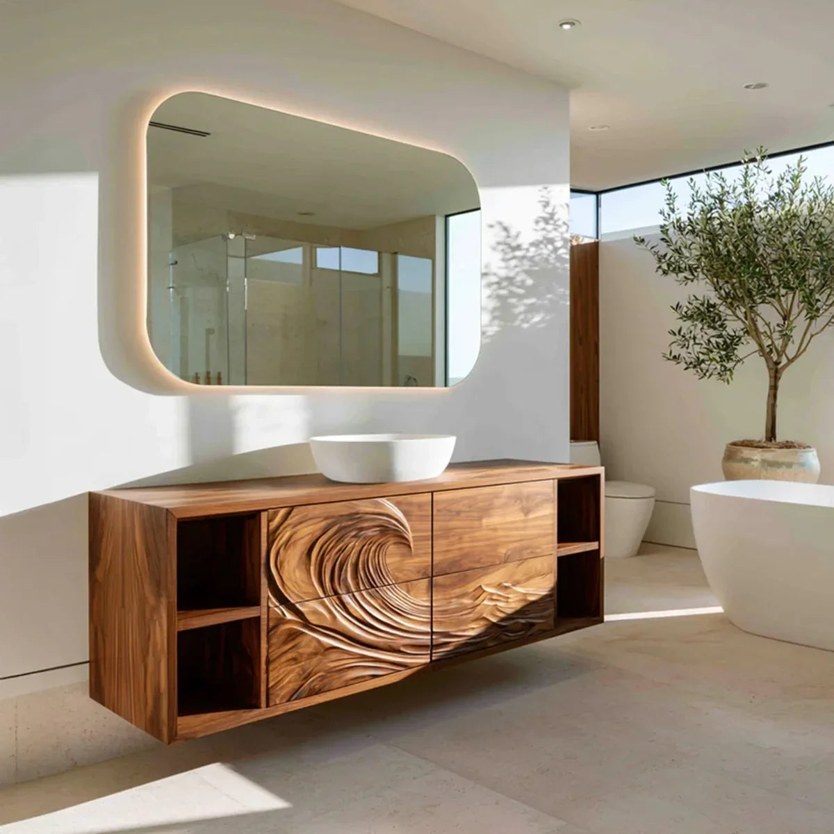 Natural Solid Wood Bathroom Vanity with Sculptural Spiral Doors – Rustic - Arboriswood - 7