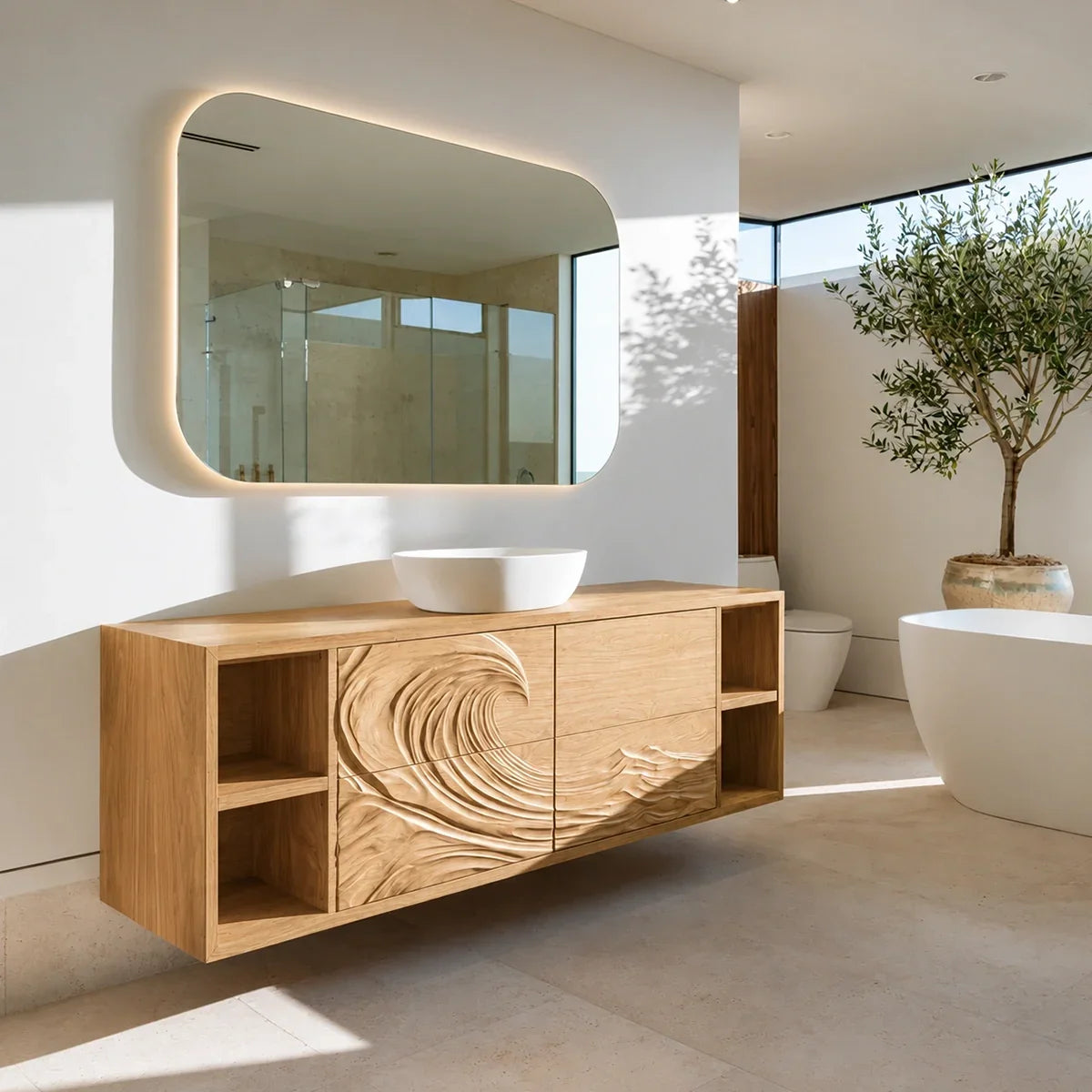 Natural Solid Wood Bathroom Vanity with Sculptural Spiral Doors – Rustic - Arboriswood - 9