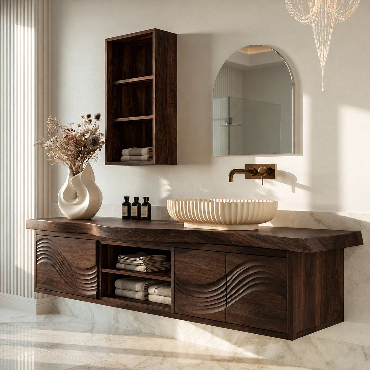 Natural Solid Wood Bathroom Vanity with Sculptural Wave Doors – Rustic - Arboriswood - 10