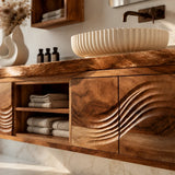 Natural Solid Wood Bathroom Vanity with Sculptural Wave Doors – Rustic - Arboriswood - 1