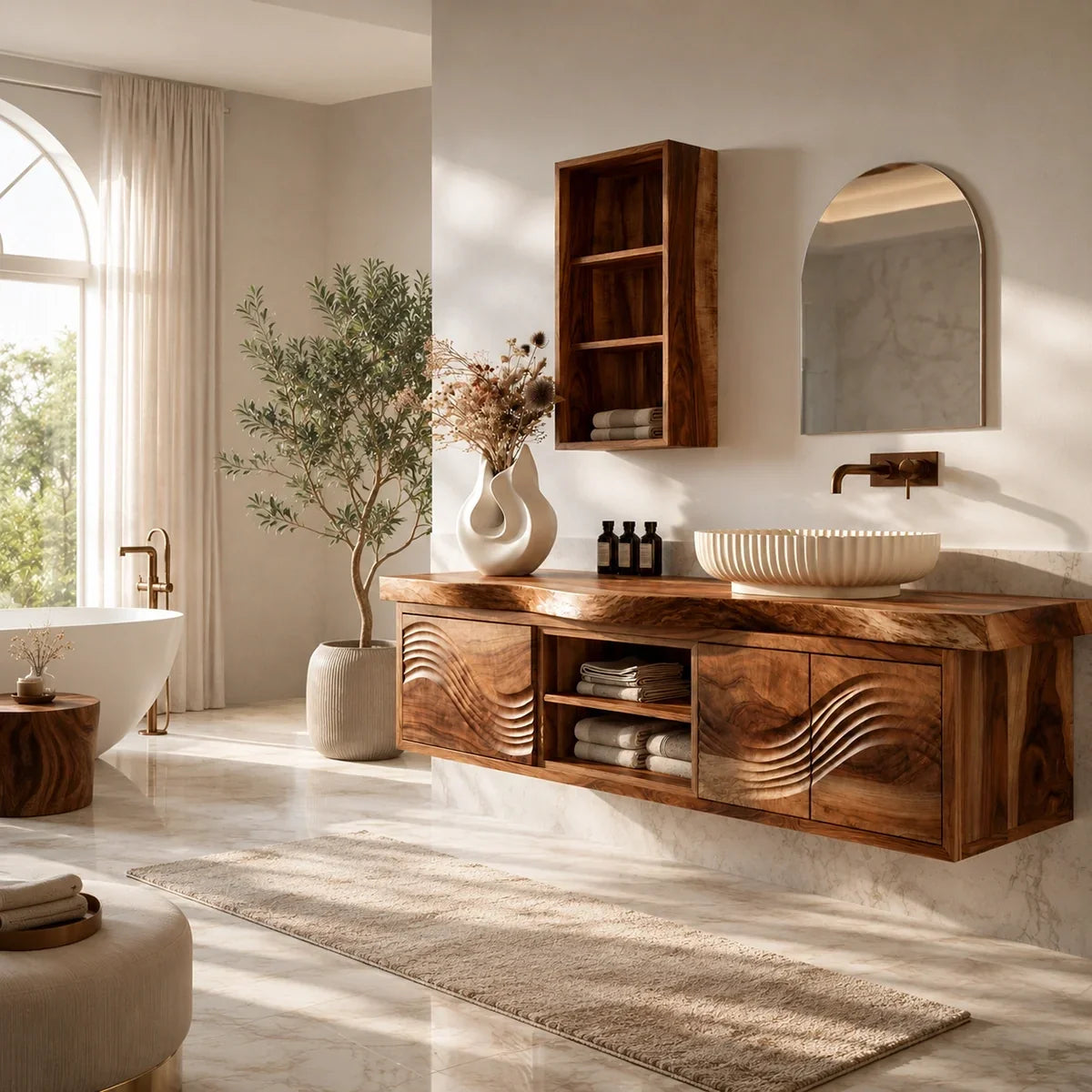 Natural Solid Wood Bathroom Vanity with Sculptural Wave Doors – Rustic - Arboriswood - 3