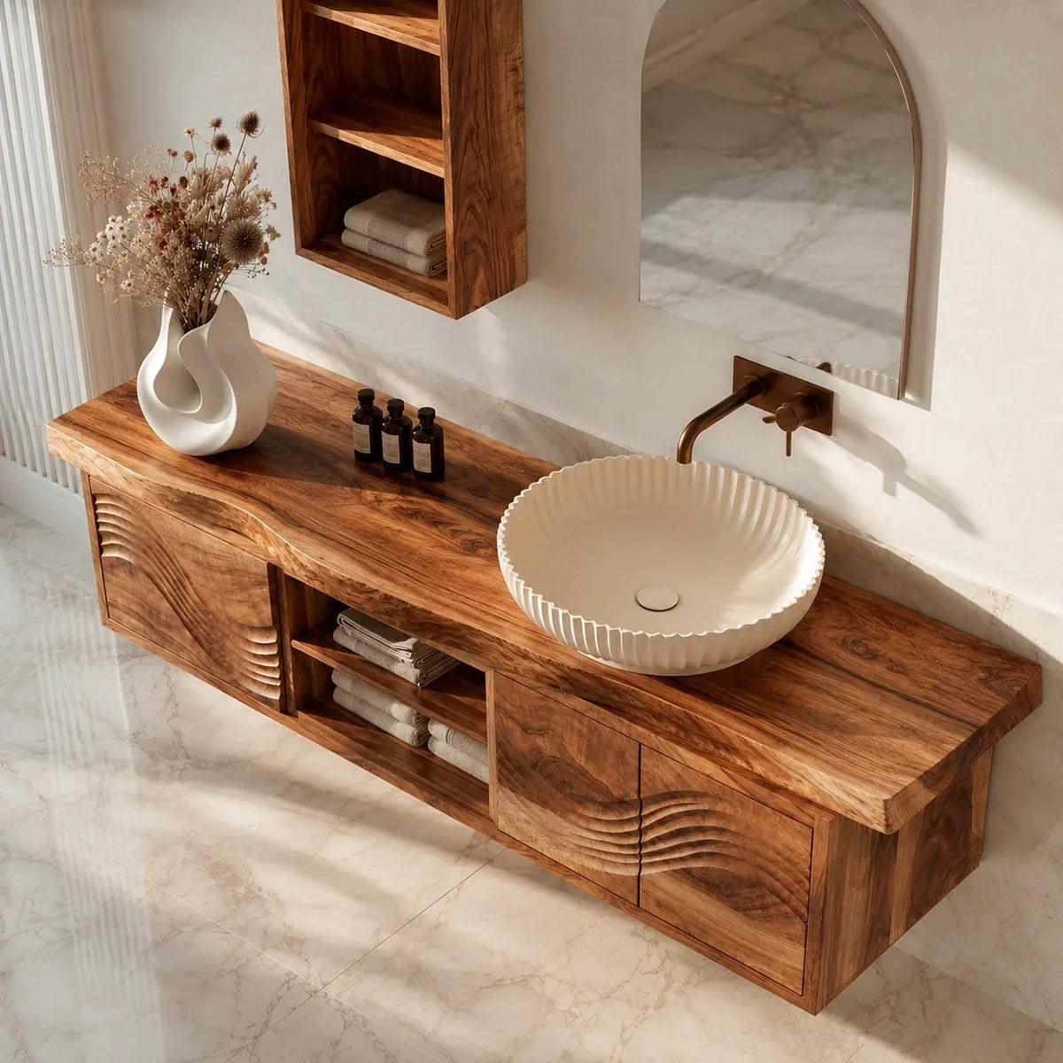 Natural Solid Wood Bathroom Vanity with Sculptural Wave Doors – Rustic - Arboriswood - 4