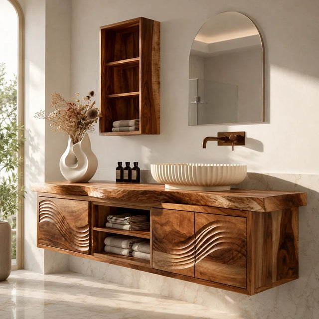 Natural Solid Wood Bathroom Vanity with Sculptural Wave Doors – Rustic - Arboriswood - 7