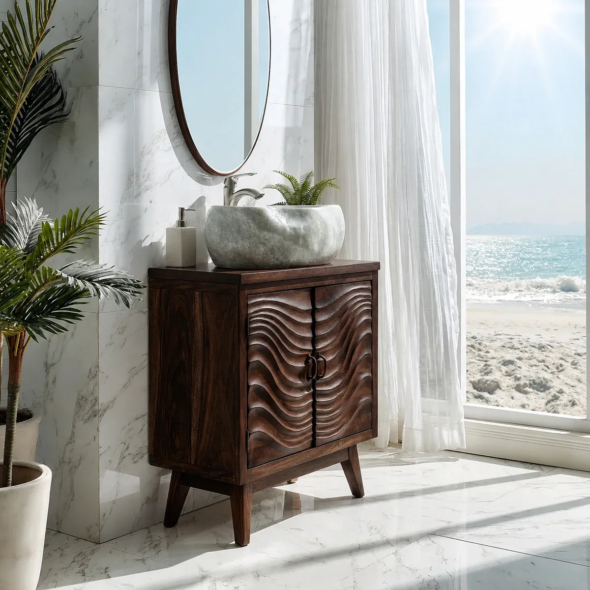 Natural Solid Wood Bathroom Vanity with Wave-Carved Cabinet Doors – Rustic - Arboriswood - 10