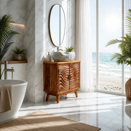Natural Solid Wood Bathroom Vanity with Wave-Carved Cabinet Doors – Rustic - Arboriswood - 2