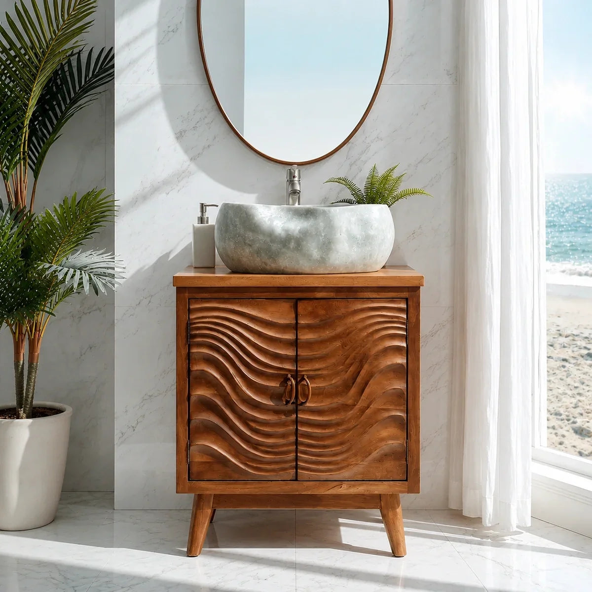 Natural Solid Wood Bathroom Vanity with Wave-Carved Cabinet Doors – Rustic - Arboriswood - 3