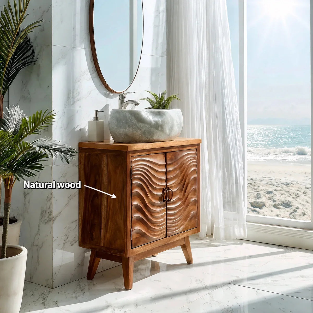 Natural Solid Wood Bathroom Vanity with Wave-Carved Cabinet Doors – Rustic - Arboriswood - 6