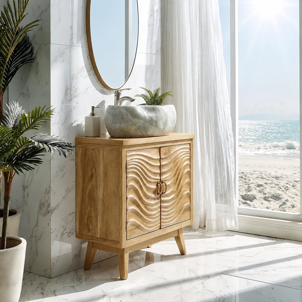 Natural Solid Wood Bathroom Vanity with Wave-Carved Cabinet Doors – Rustic - Arboriswood - 9