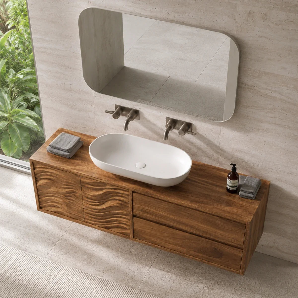 Natural Solid Wood Bathroom Vanity with Wave-Carved Doors – Scandinavian - Arboriswood - 3