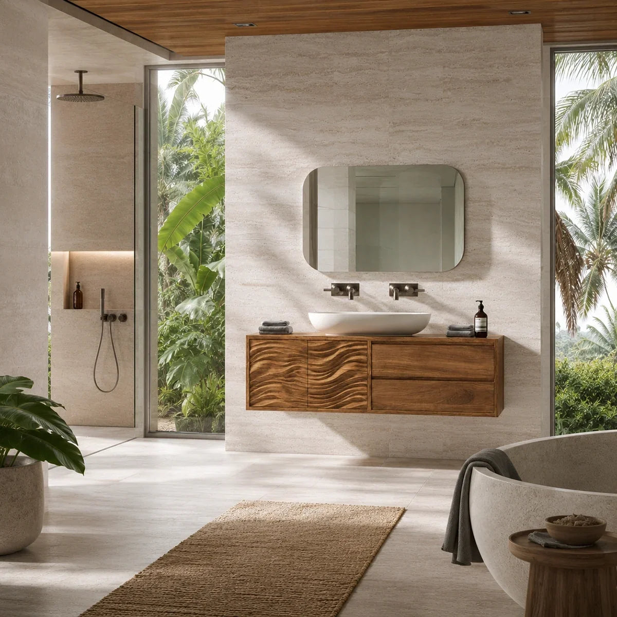 Natural Solid Wood Bathroom Vanity with Wave-Carved Doors – Scandinavian - Arboriswood - 4