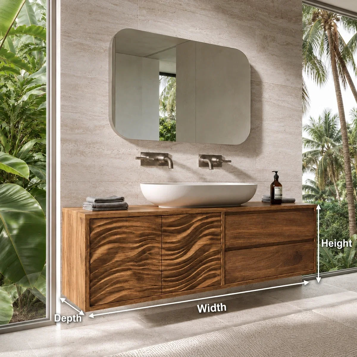 Natural Solid Wood Bathroom Vanity with Wave-Carved Doors – Scandinavian - Arboriswood - 5
