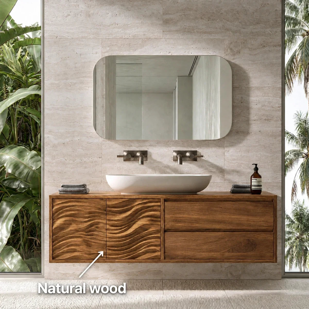 Natural Solid Wood Bathroom Vanity with Wave-Carved Doors – Scandinavian - Arboriswood - 6