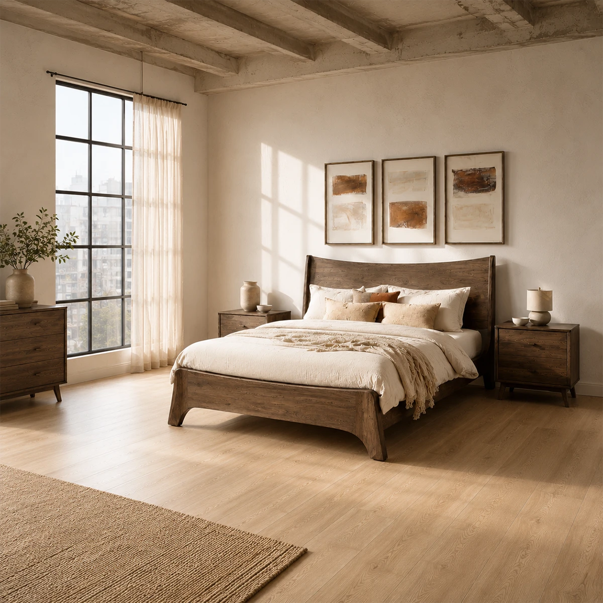 Natural Solid Wood Bed Frame With Broad Curved Headboard and Loft Presence - ArborisWood - 2